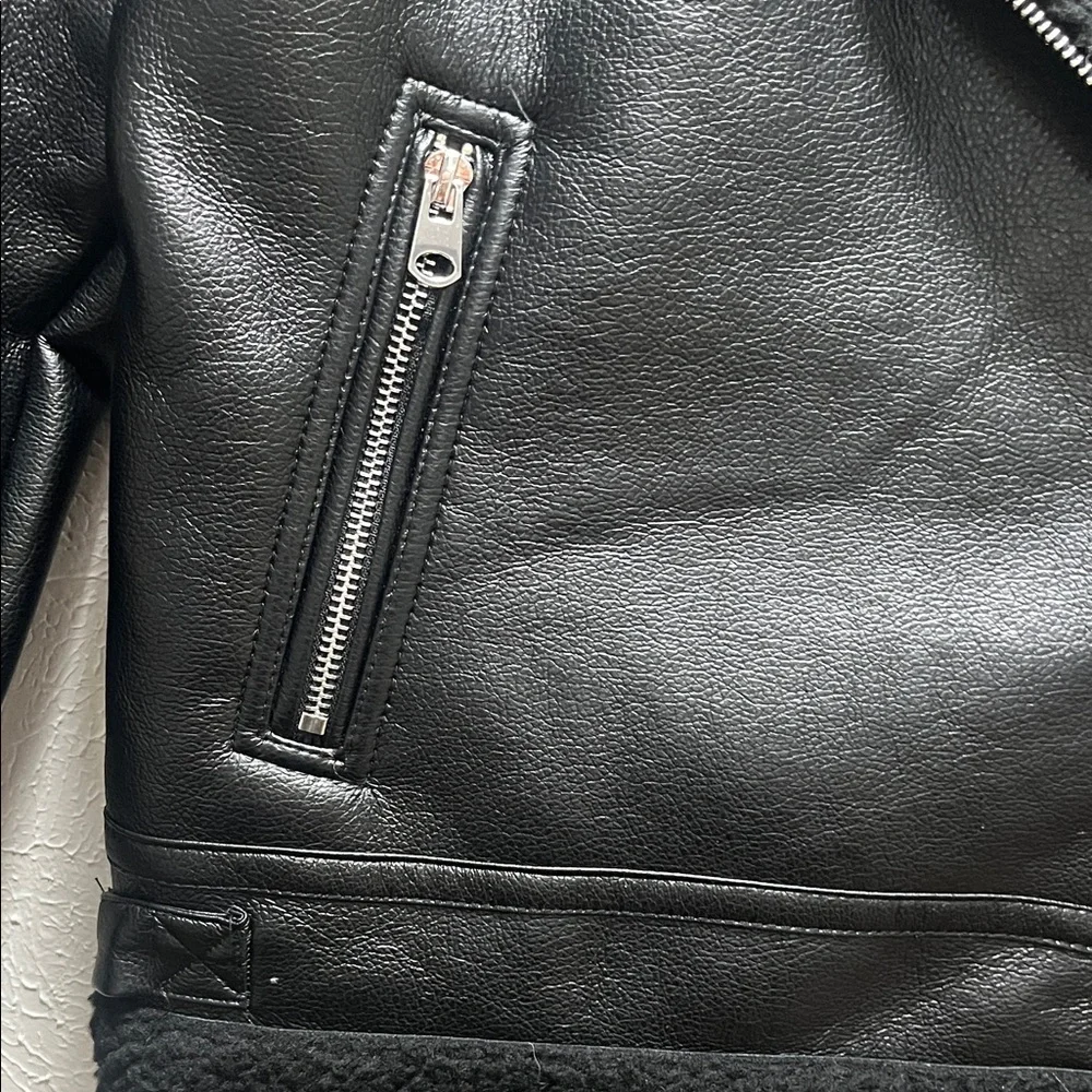 Black Faux Shearling Moto Biker Jacket Cropped Sherpa Lined - Picture 5 of 9